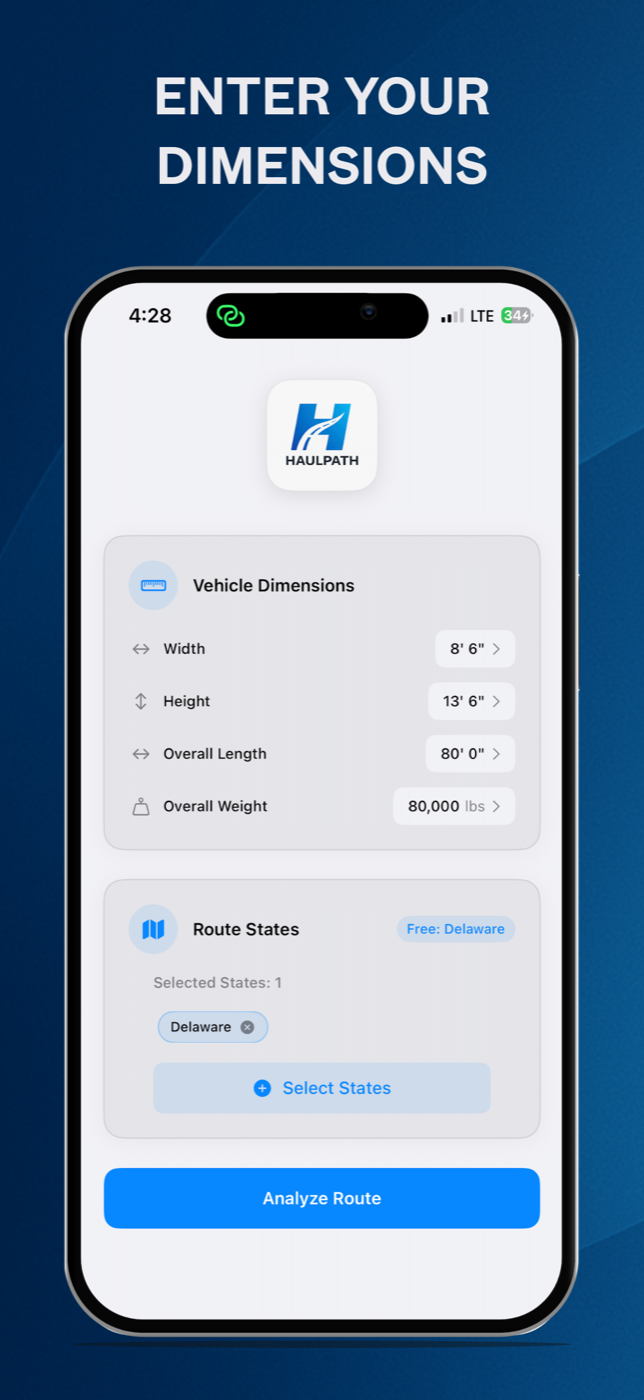 HaulPath vehicle dimensions screen