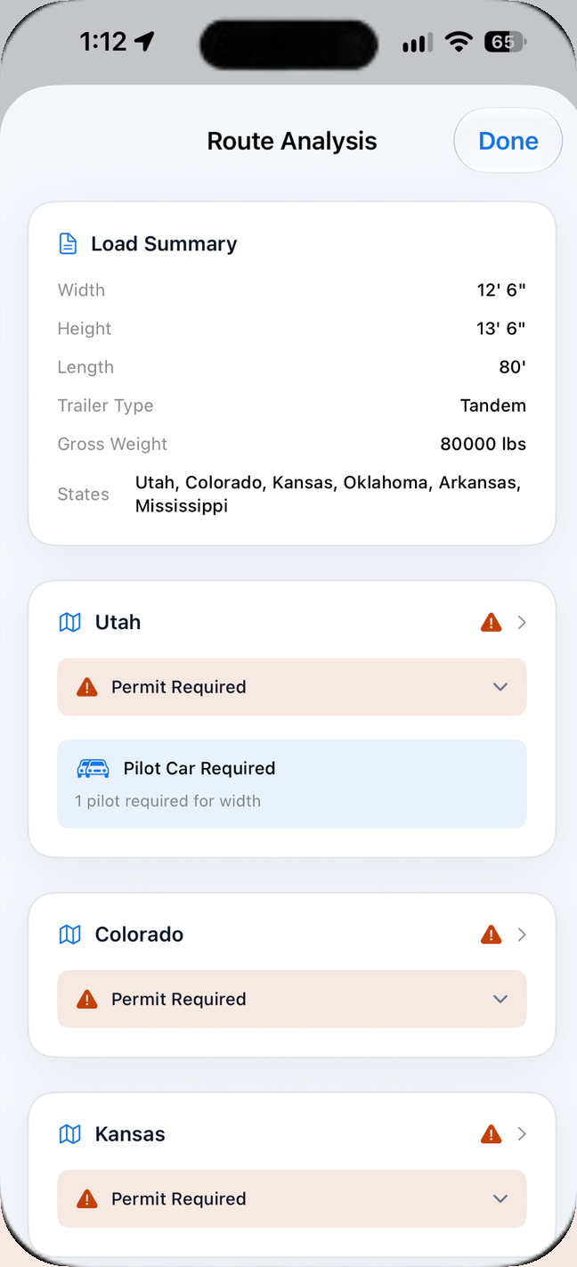 HaulPath route analysis listing permit and pilot car requirements by state