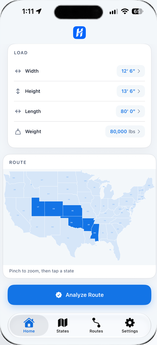 HaulPath home: enter load dimensions and tap states on the map