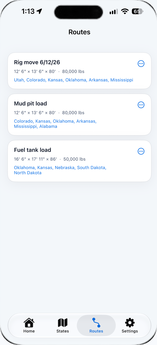 HaulPath saved routes with load size and the states on each trip