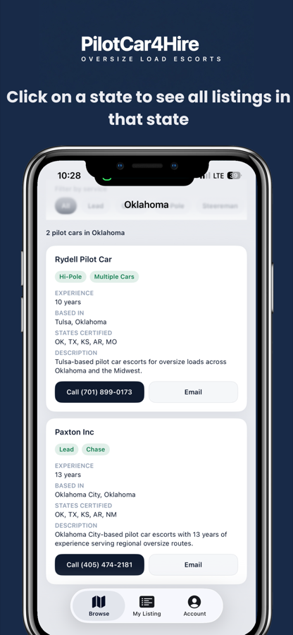 Pilot Car 4 Hire Oklahoma listings with call and email