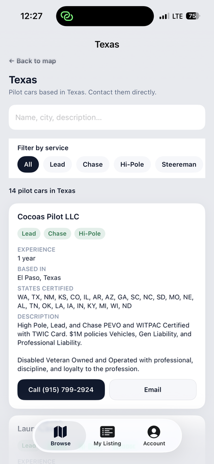 Pilot Car 4 Hire Texas listings with call and email
