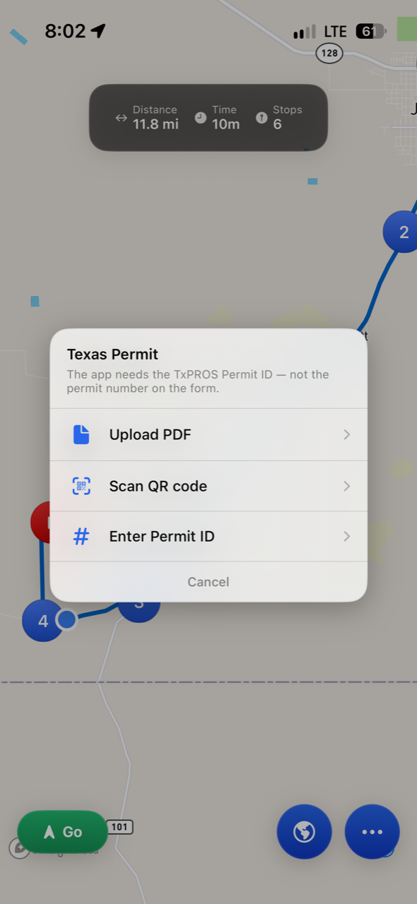 Permit Path Texas permit sheet: upload a PDF, scan a QR code, or enter the TxPROS permit ID