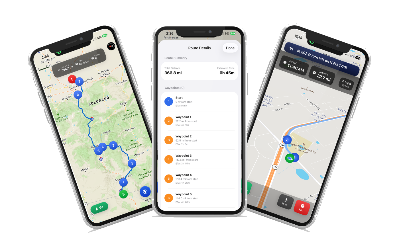 Permit Path on three iPhones: mapped permit route, waypoint list, and turn-by-turn navigation