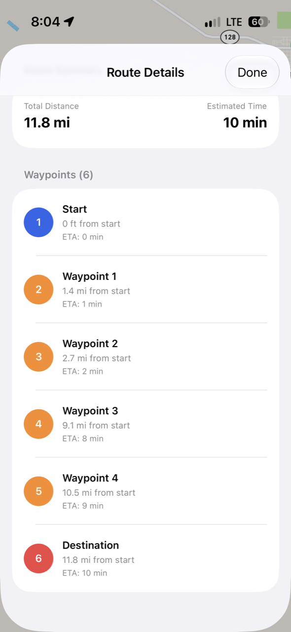 Permit Path route details listing each waypoint and the distance from the start